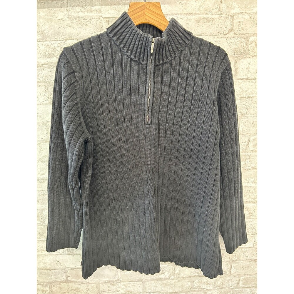 LAUREN Ralph Lauren Sweater Black Ribbed Cotton 1/4 Zip Mock Neck Size XL